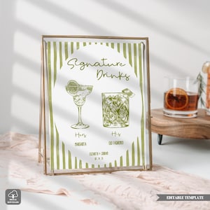 Editable Wedding Bar Menu with Green Stripe Border, His & Hers Signature Drink Sign Template, Bar Menu Sign, WBM-0502
