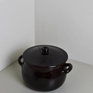 May include: A dark brown ceramic pot with a matching lid. The pot has two small handles and a rounded shape. The lid has a small knob on top. The pot is sitting on a white surface.