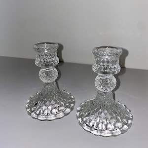 Pressed Glass Diamond-Point Candlestick Holders, Mid-Century Pair