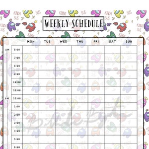 May include: A weekly schedule planner with a white background and a grid of boxes for each day of the week. The boxes are labeled with the times from 6:00 AM to 10:00 PM. The planner is decorated with a pattern of colorful Among Us characters.
