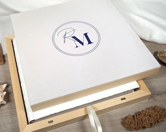 Wooden and fabric box, Photo album box, Wedding keepsake box, Personalized wooden clamshell box.