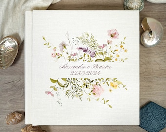Customizable photo album, Professional album with eco-leather cover, linen, ivory interior with tissue paper, wedding album