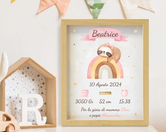Quadro Nascita Personalizzato Con Coniglietto Rosa - Cornice Con Dati Bimbo, Idea Regalo Unica