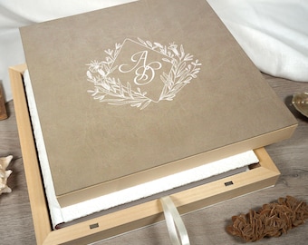 Wooden and fabric box, Photo album box, Wedding keepsake box, Personalized wooden clamshell box.