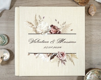 Customizable photo album, Professional album with eco-leather cover, linen, ivory interior with tissue paper, wedding album