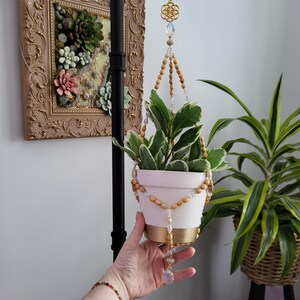 Beaded plant hanger suncatcher crystal decor boho plant hanger rainbow crystal wood bead terrarium propagate wall art bohemian art