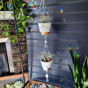 Beaded double plant hanger suncatcher crystal decor boho plant hanger terrarium propagate wall art rose quartz
