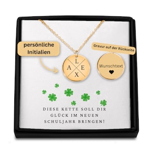 Collar amuleto de la suerte con iniciales, collar personalizado hoja de trébol + grabado, regalo para matrícula escolar, collar familiar, collar de letras