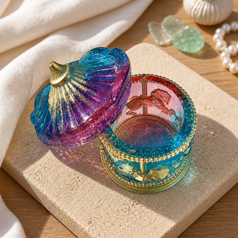 May include: A round carousel-themed trinket box with a removable lid. The lid features a blue and purple gradient with gold accents and glitter. The base is clear blue with gold trim and small horse figures inside, creating a rotating effect.