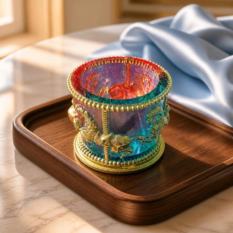 May include: A cylindrical candle holder featuring a carousel design with gold-toned horses and beaded trim. The glass body displays a gradient of iridescent blue, purple, and red hues with a subtle glitter finish throughout the structure.