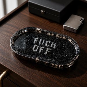 Black Resin Trinket Dish: Silver Holographic Letters, Profanity Decor Tray