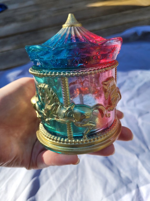 Resin Carousel Jar: Pink & Blue with Golden Horses