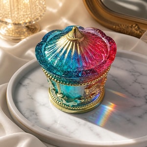 May include: A carousel-shaped trinket box featuring a gradient of blue, purple, and pink resin with embedded glitter. The lid is topped with a gold-colored conical finial, and the base is accented with a gold-colored beaded trim and gold-colored horse figures.