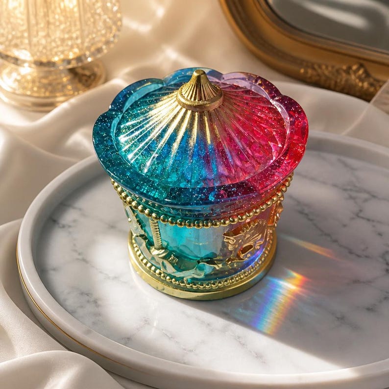 May include: A carousel-shaped trinket box featuring a gradient of blue, purple, and pink resin with embedded glitter. The lid is topped with a gold-colored conical finial, and the base is accented with a gold-colored beaded trim and gold-colored horse figures.