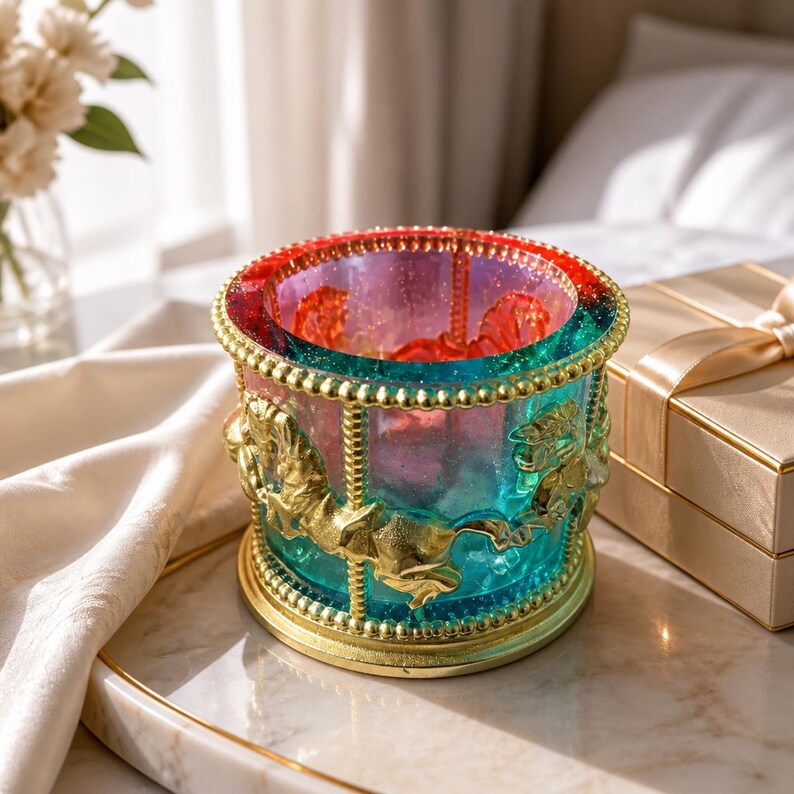 May include: A cylindrical glass container featuring a carousel theme with gold-colored horse figures around the exterior. The rim and base are trimmed in gold, and the glass displays a gradient of iridescent blue, purple, and red hues.