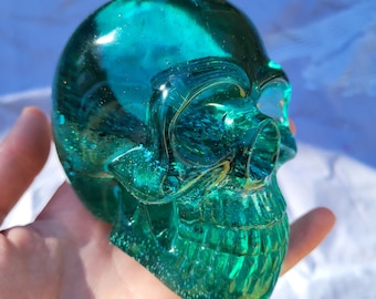 Teal Holographic Resin Skull: Sparkly Skull Decor