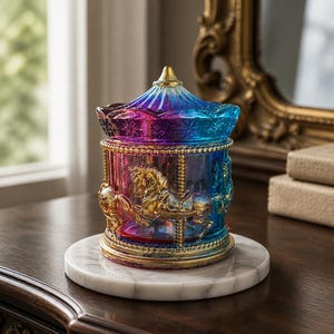 May include: A decorative carousel-shaped glass jar featuring a vibrant iridescent finish that shifts between shades of blue, purple, and pink. The exterior is adorned with embossed gold-colored horse figures and intricate metallic gold trim details.