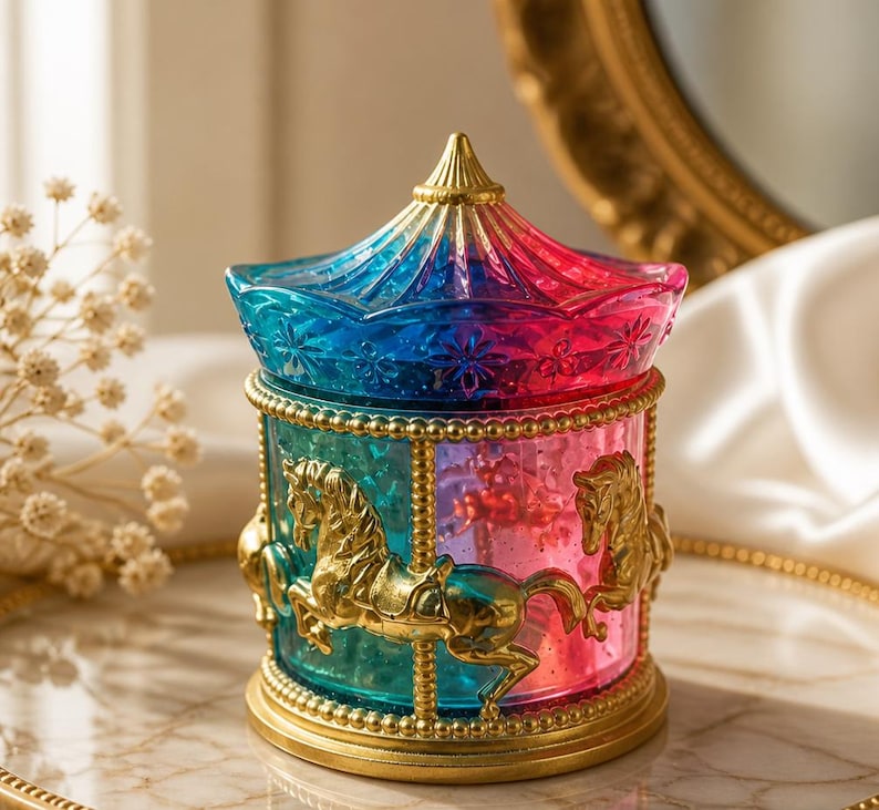 May include: A carousel-shaped glass jar with a lid featuring a blue and pink gradient. The cylindrical body is decorated with gold-colored horse figures and gold beaded trim along the top and bottom edges. The lid has a pointed, star-patterned top.