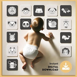 Printable animal baby cards. High contrast Montessori flashcards. Black and white sensory cards for newborn visual development. DIGITAL FILE