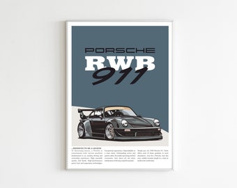 May include: A poster featuring a black and grey Porsche 911 RWB with the text "PORSCHE RWB 911" in white and black lettering. The poster has a blue background and text describing the car's features.