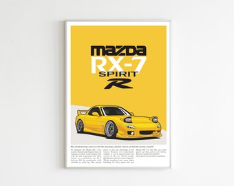 May include: A yellow Mazda RX-7 Spirit R sports car with black accents and the words "Mazda RX-7 Spirit R" in black text on a yellow background.