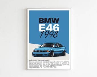 May include: A blue BMW E46 1998 car poster with the text "The performance loader wears a bold face."  The poster features a blue car with black wheels and a white background.