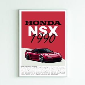 Puede incluir: Un póster rojo Honda NSX 1990 con fondo blanco. El póster presenta un coche rojo con ruedas negras y un interior blanco. El texto "HONDA NSX 1990" está en blanco y negro y se encuentra en la parte superior del póster. El texto "From Innovation to sensation..." está en blanco y negro y se encuentra en la parte inferior del póster.