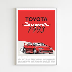 Könnte beinhalten: Ein roter Poster eines Toyota Supra Sportwagens aus dem Jahr 1993 mit dem Text "TOYOTA Supra 1993" und einer Beschreibung der Eigenschaften des Autos.