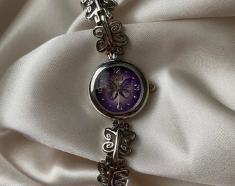 Beautiful Vintage L.E.I Dainty silver tone purple butterfly watch,  Present for Her, Women watches, Durable Buckle, Small Watch Face