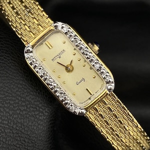 Vintage Wittnauer Gold Tone Encrusted Diamonds Dainty Elegant Tank Style Watch