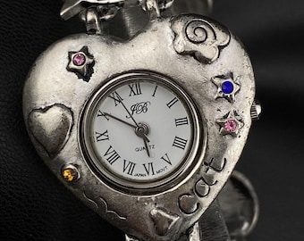 Vintage Jenny B JB Silver Tone Heart Cats Fish Charms Bracelet Stones Watch Cute