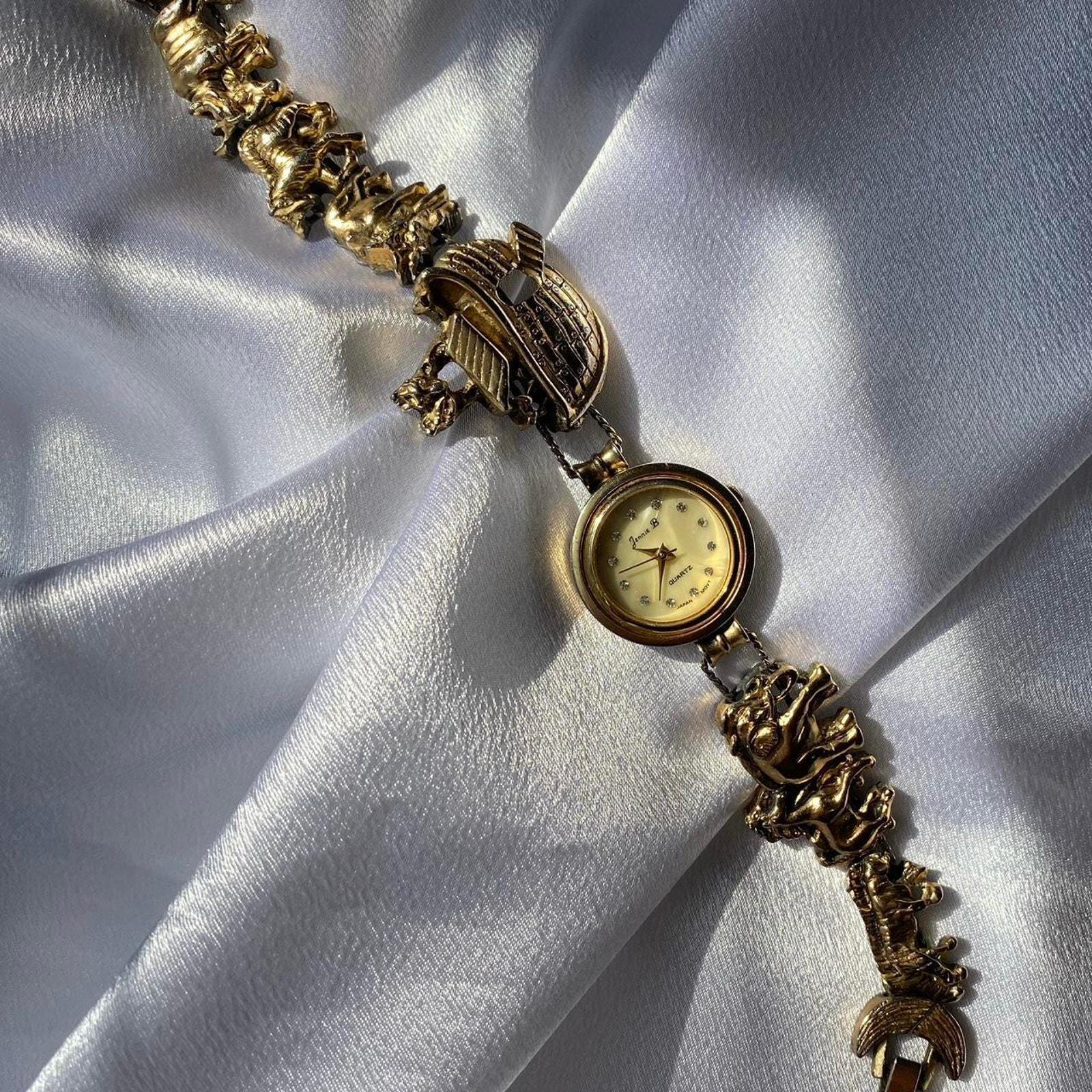 Vintage Jennie B Diamante Dial Bezel Rare Arc Noah Charm Bracelet