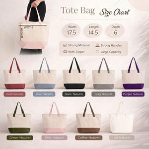 The image is a size chart for a tote bag, displaying various colors and sizes of the bag.
