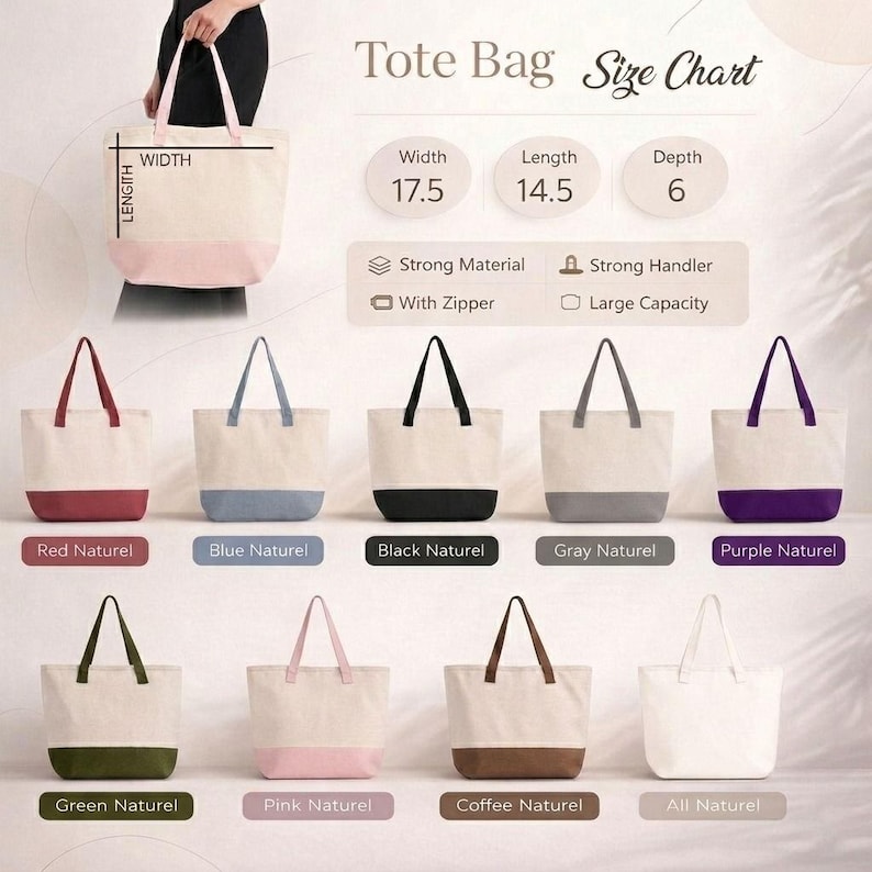 The image is a size chart for a tote bag, displaying various colors and sizes of the bag.