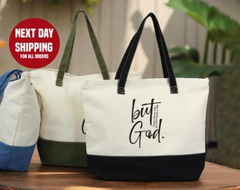 Christian Cotton Tote Bag, Bible Verse Print (Zippered, Inner Pocket)