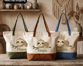 Customized Sloth Canvas Tote Bag: Personalized Monogram Gift
