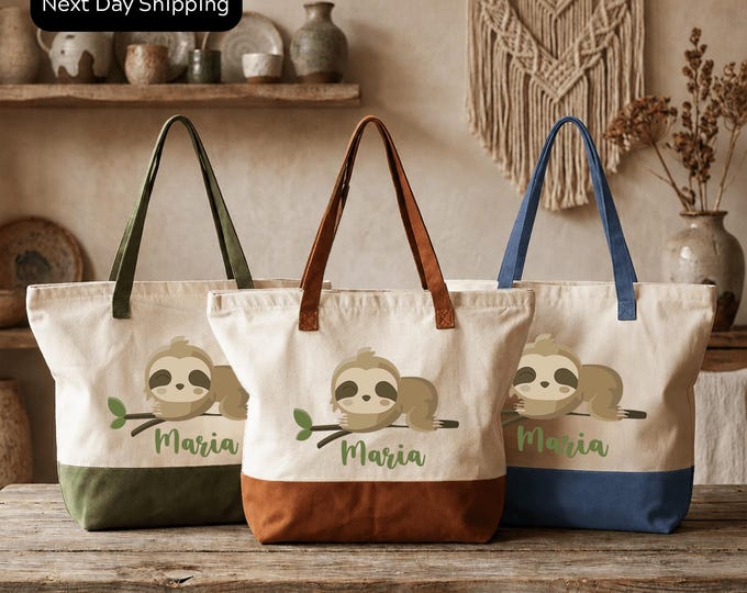 Customized Sloth Canvas Tote Bag: Personalized Monogram Gift