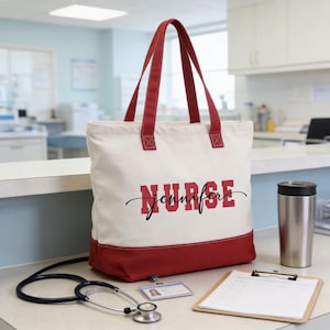 A red and white tote bag with the word "NURSE" printed on it, along with a stethoscope, clipboard, and other medical supplies, all placed on a counter in a medical setting.