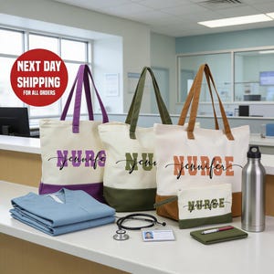 a collection of items related to nursing, including tote bags, scrubs, and accessories, arranged on a counter.