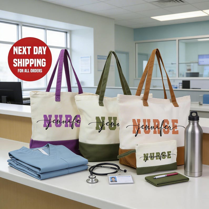 a collection of items related to nursing, including tote bags, scrubs, and accessories, arranged on a counter.