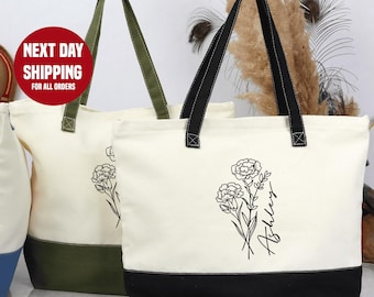 Birth flower Personalized Canvas Tote Bag, Birthday gift for her, gift for mom, Wedding gift, Bridesmaid Gifts, Mother&#39;s day