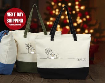 Festive Snowman Tote Bag: Christmas Canvas Shopper with Zipper
