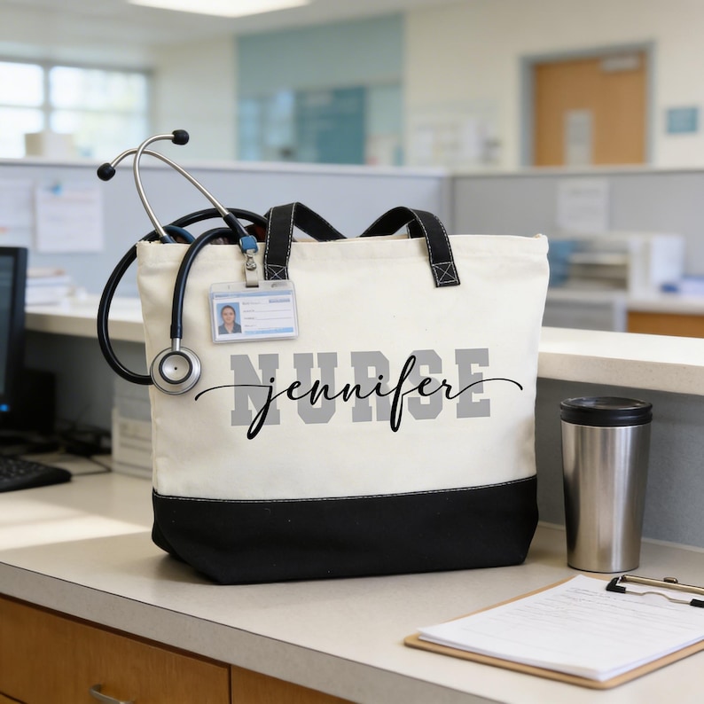 A white tote bag with the name "NURSE" printed on it, along with a stethoscope and a coffee cup, is placed on a desk in an office setting.