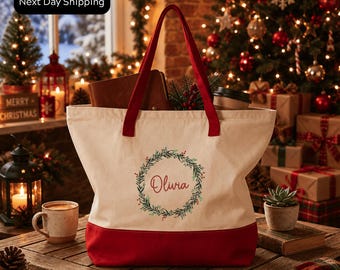 Personalized Canvas Tote Bag: Festive Holiday Shopper