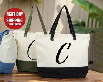 Personalized Canvas Tote Bag: Custom Name with Zipper and Pocket
