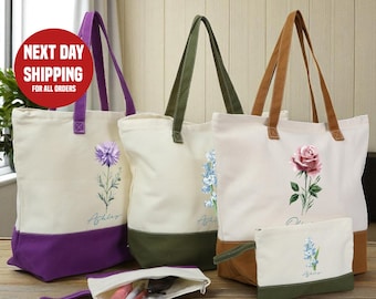 Custom Birth flower, Personalized Canvas Tote Bag, Birthday gift for her, gift for mom, Wedding gift, Bridesmaid Gifts, Mother&#39;s day