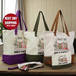 a collection of tote bags and a small bag with a humorous text printed on them, arranged on a wooden surface.