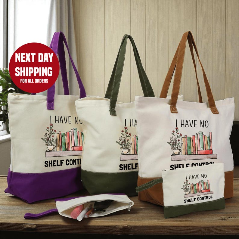 a collection of tote bags and a small bag with a humorous text printed on them, arranged on a wooden surface.