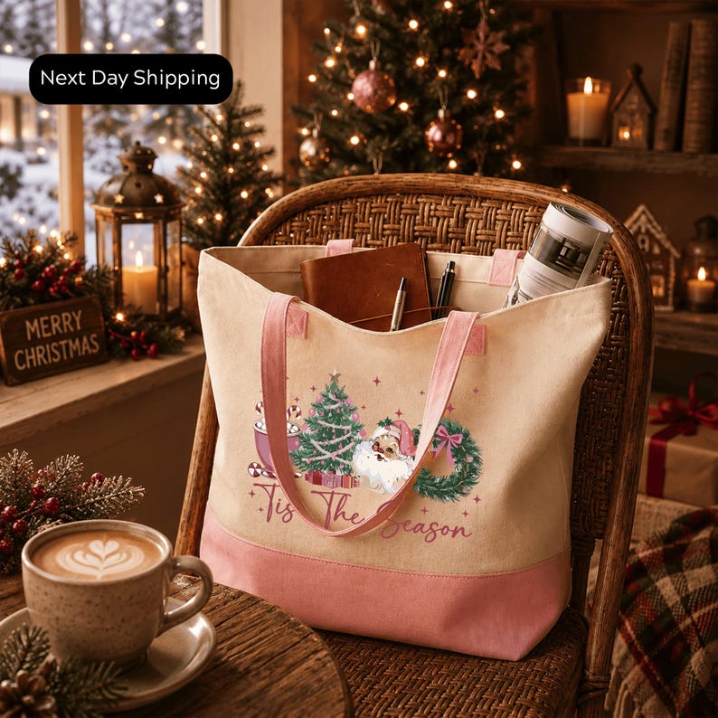 A cozy Christmas scene with a wicker chair, a coffee cup, a tote bag, and a decorated Christmas tree in the background.