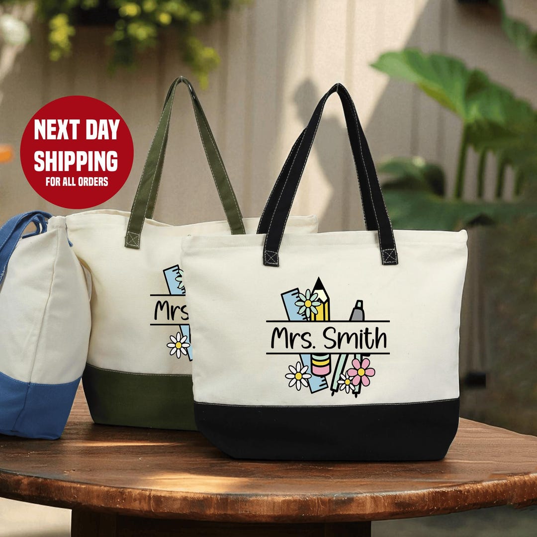 Personalized Name Teacher Tote Bag Name, Pencil and Notebook Print Tote ...